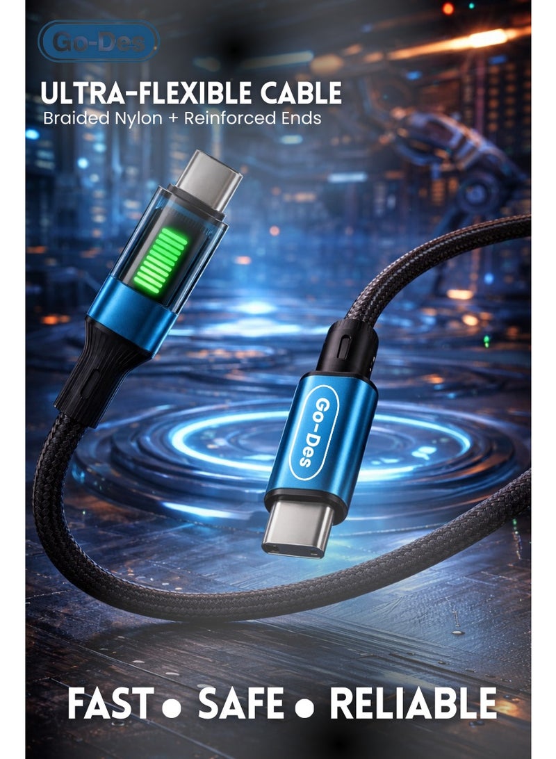 جو-ديز كابل Go-Des USB-C إلى USB-C بقدرة 60 واط بطول 1.2 متر مضفّر للشحن السريع (PD) مع مؤشر LED (إضاءة متحركة) – سلك ناعم مضاد للتشابك ومتِين لأجهزة آيفون 17/16/15 وآيباد برو وماك بوك Air/Pro وديل XPS وسامسونج جالاكسي S24/S23 Ultra وشاومي وهواوي ولينوفو وأسوس - Image 3